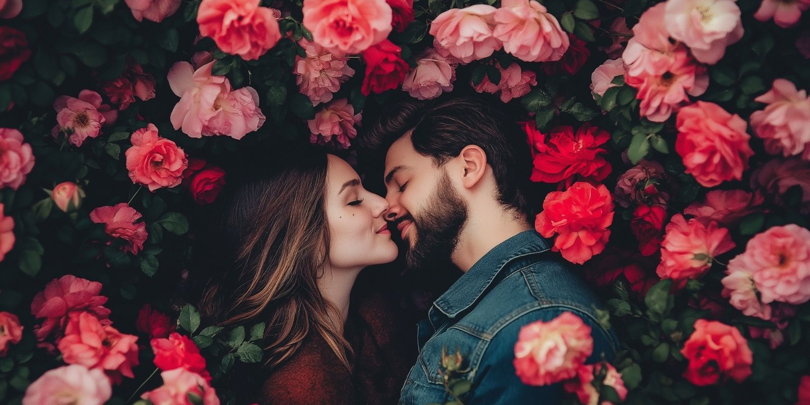 A romantic couple lying close together, surrounded by vibrant pink and red roses, symbolizing love, relaxation, and the intimate care provided by Marbella’s Couples Massage.